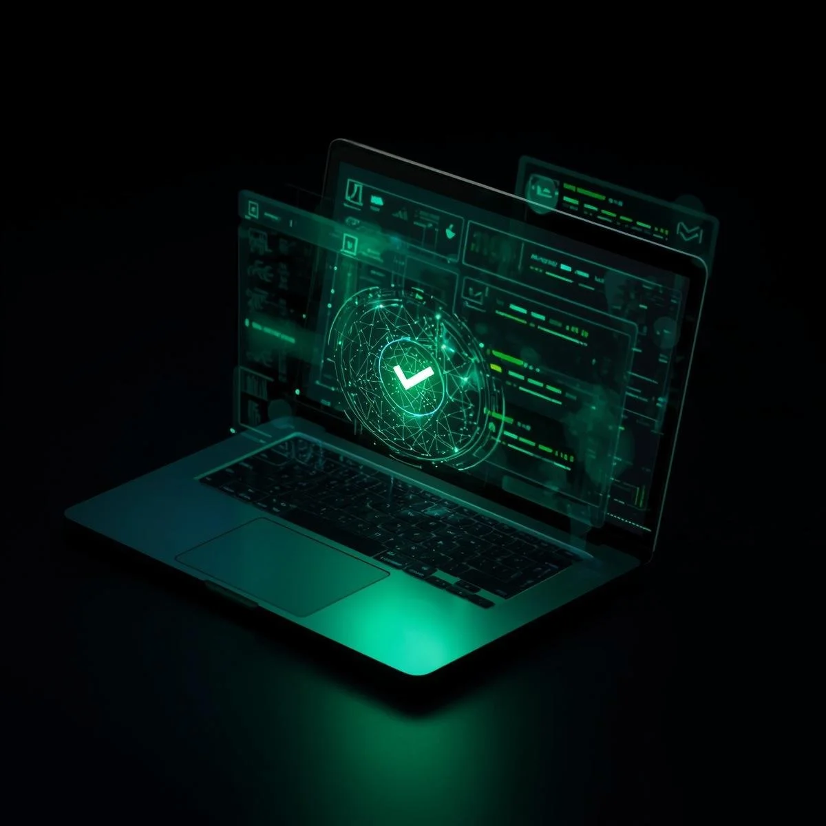 Digital illustration of a laptop with holographic security and data interface, featuring a checkmark inside a globe-like network.