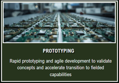 Close-up of a printed circuit board with a green informational overlay about prototyping, highlighting rapid development and transition to field capabilities.