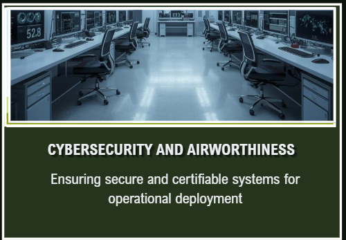 A control room with multiple desks and computer monitors, and a presentation slide titled 'Cybersecurity and Airworthiness' focusing on secure systems for operational deployment.
