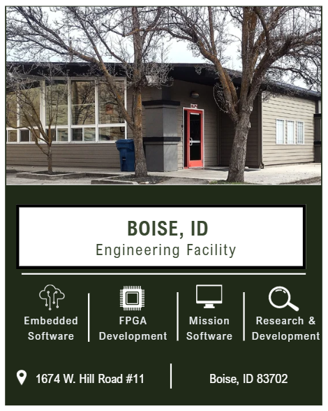 Sign for Boise, ID engineering facility with details about services, address, and logos.