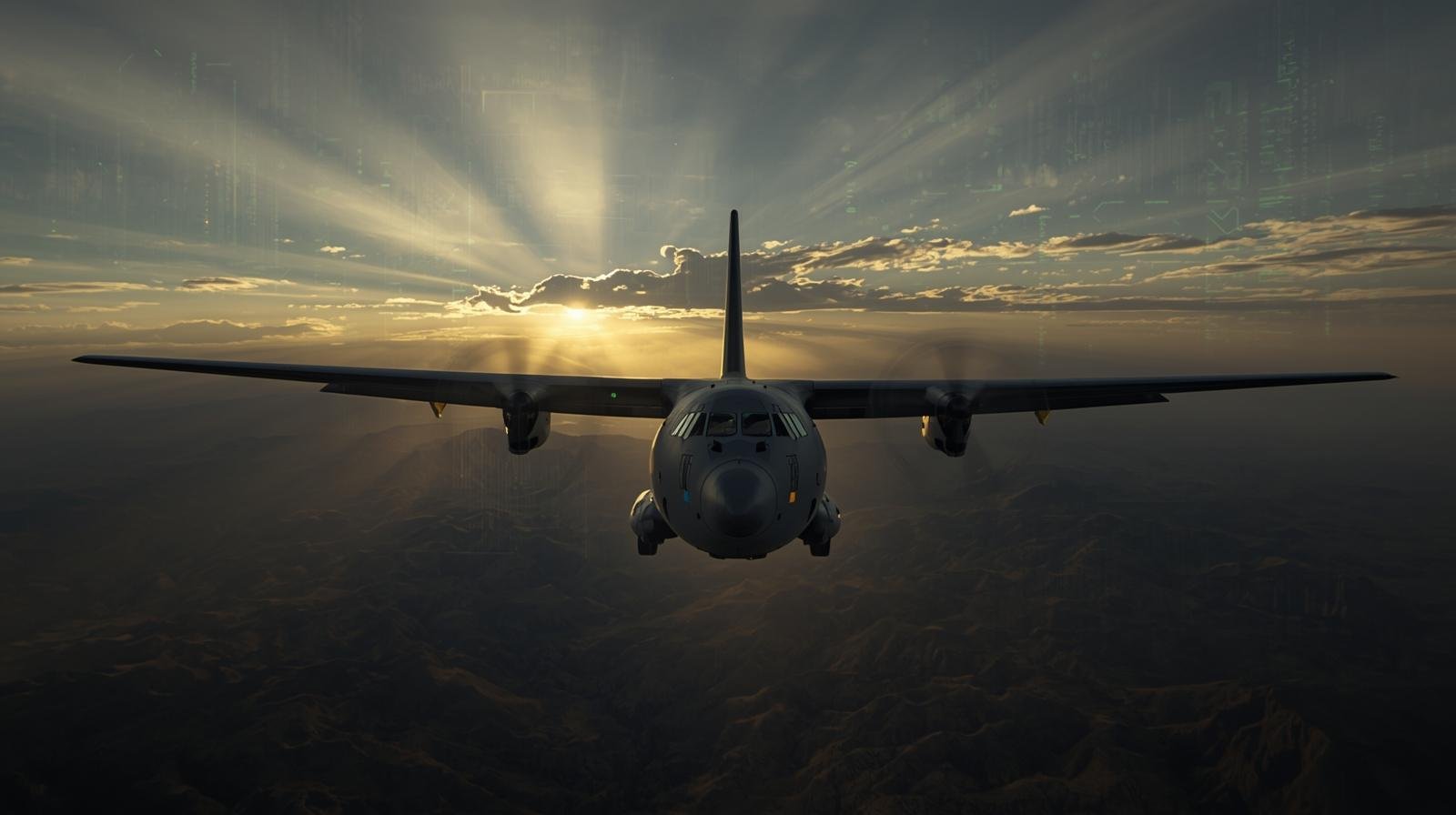 Military aircraft flying at high altitude during sunset with sun rays breaking through clouds.