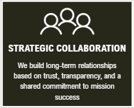 Icon of three people above the text about strategic collaboration and building relationships based on trust, transparency, and shared mission