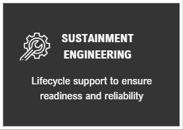 Icon of gear and wrench with text 'SUSTAINMENT ENGINEERING' and 'Lifecycle support to ensure readiness and reliability'.