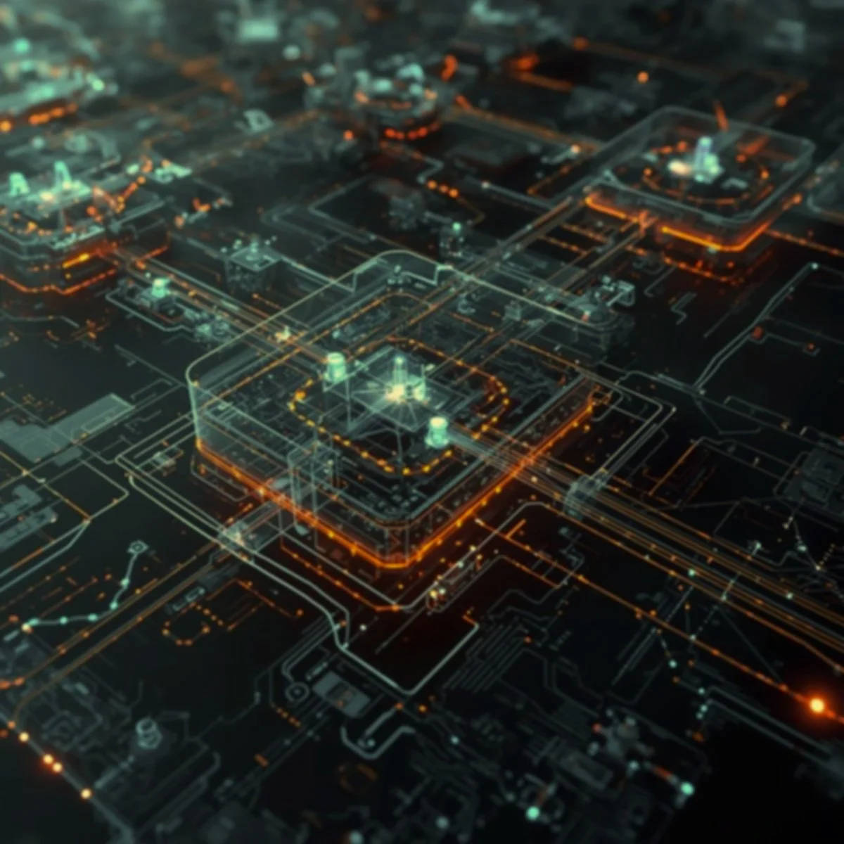 A digital rendering of a futuristic circuit board or microchip, illuminated with glowing orange and blue lines representing electronic connections.