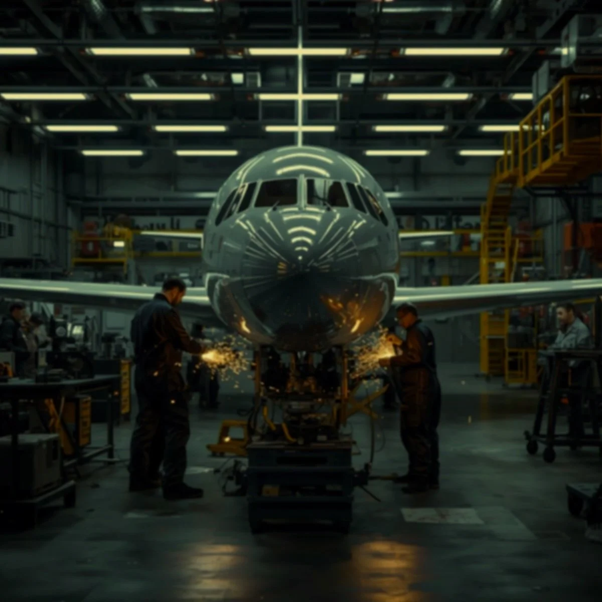 Workers welding the nose section of an airplane inside an aircraft manufacturing hangar.