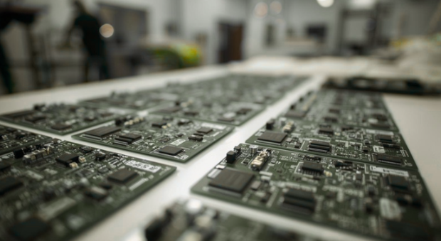 Multiple printed circuit boards laid out on a table in a workshop or manufacturing setting.