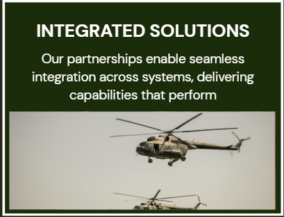 Green and white sign with the title 'Integrated Solutions' and a description about enabling seamless system integration, featuring an image of a military helicopter in flight.
