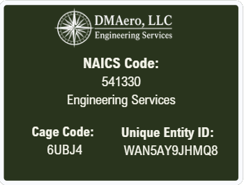 Green plastic card with white text displaying company name 'DMAero, LLC', NAICS code 541330, engineering services, cage code 6UBJ4, and a unique entity ID.