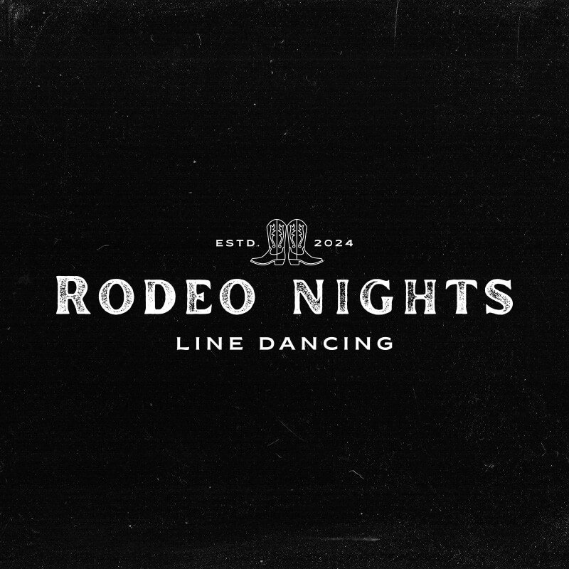 A vintage-style primary logo for 'Rodeo Nights Line Dancing' featuring textured white typography and a cowboy boot icon on a weathered black background.