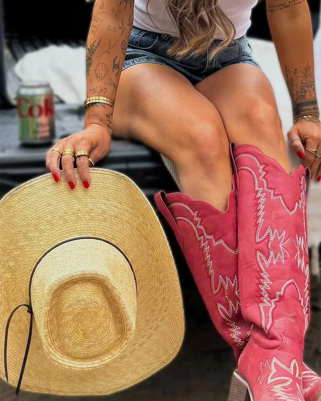 Close-up of The Prairie hat with red Western boots during the American Summer campaign shoot.