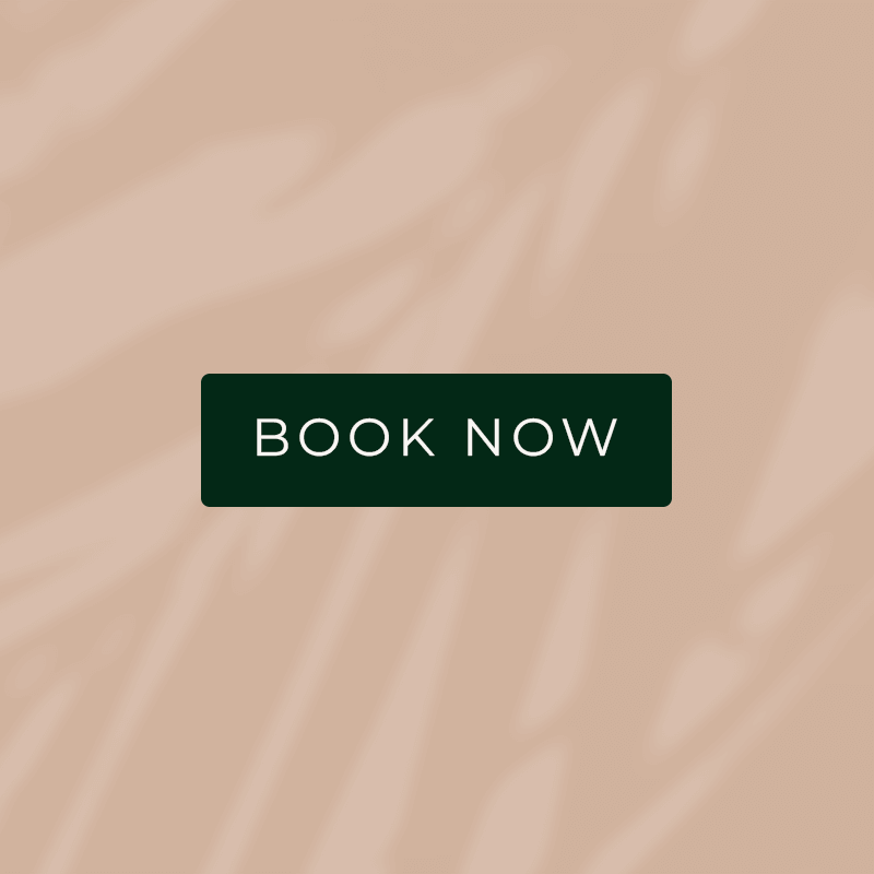 A dark forest green 'BOOK NOW' button centered on a minimalist, earth-toned background with organic shadow overlays.