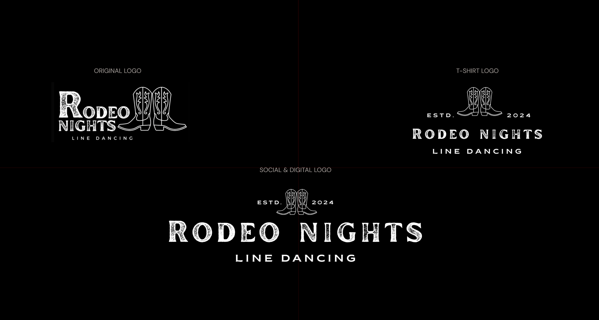 Designs of logos for 'Rodeo Nights Line Dancing,' including original, T-shirt, and social media versions with cowboy boots and western-themed text, all in black and white.