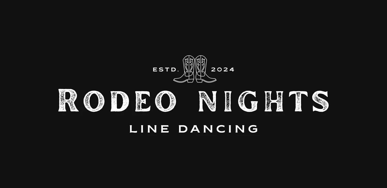 Black background with white text and western boots icon, logo for Rodeo Nights Line Dancing, established in 2024.