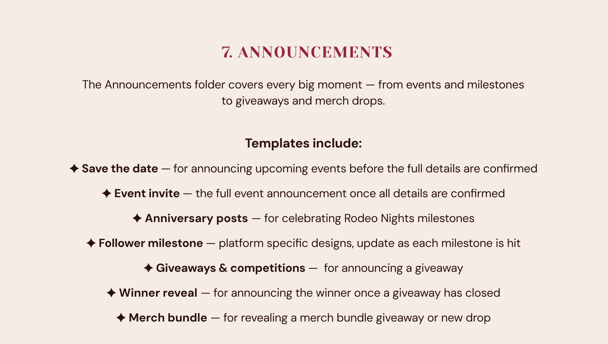 Screenshot of a webpage detailing section 7 titled 'Announcements,' explaining various templates and their purposes for event planning and promotions.