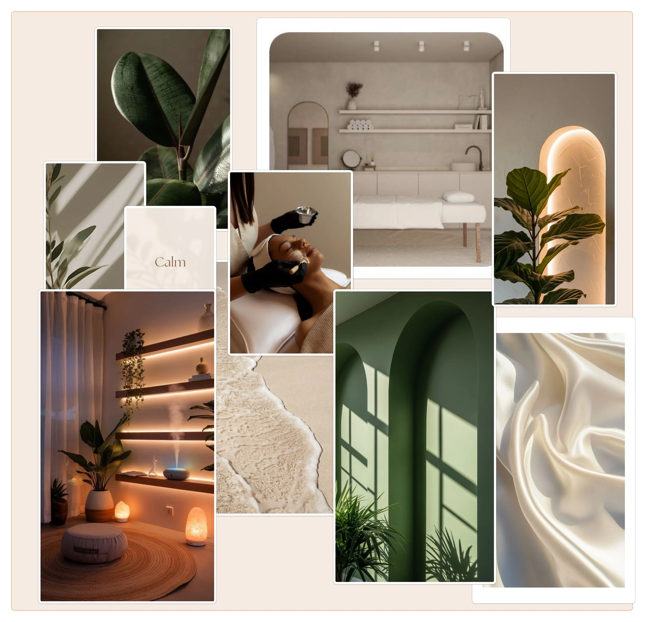 Collage of images including a close-up of green leaves, a person receiving a facial treatment, illuminated decorative lamps, a modern kitchen, and interior decor with plants and warm lighting.
