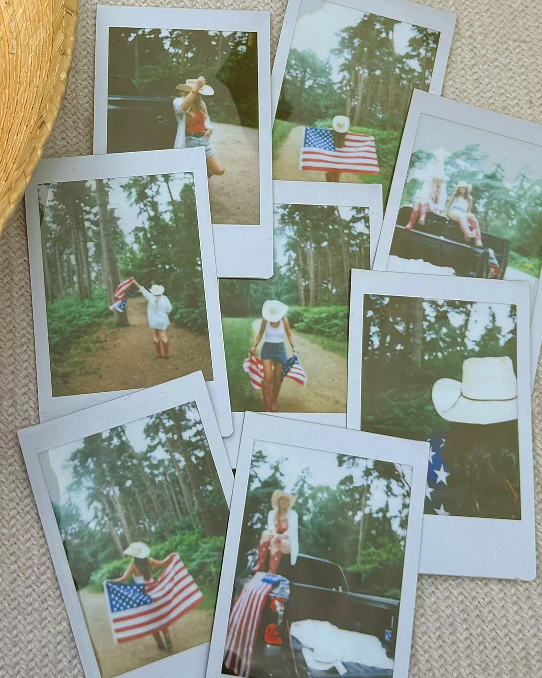 Polaroid photographs capturing behind-the-scenes moments from the Home by Sunday American Summer campaign.