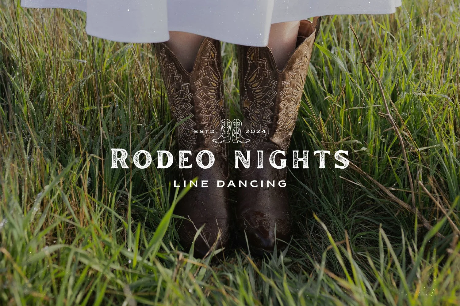 Brand identity created for Rodeo Nights Line Dancing, featuring the primary logo over a photograph of cowboy boots in a grassy field.