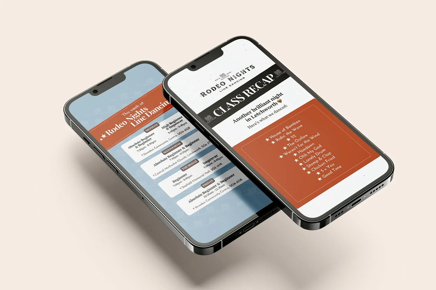 Branded mobile graphics designed for Rodeo Nights Line Dancing to promote events and strengthen brand consistency.