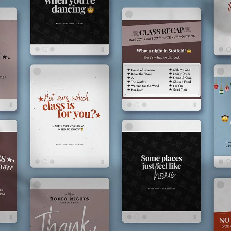 A flat lay of multiple social media post templates for Rodeo Nights Line Dancing, arranged in an overlapping grid on a muted blue background.