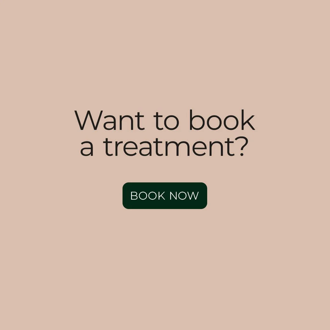 A promotional graphic with a beige background that asks if the viewer wants to book a treatment, and includes a dark green button labeled 'BOOK NOW'.