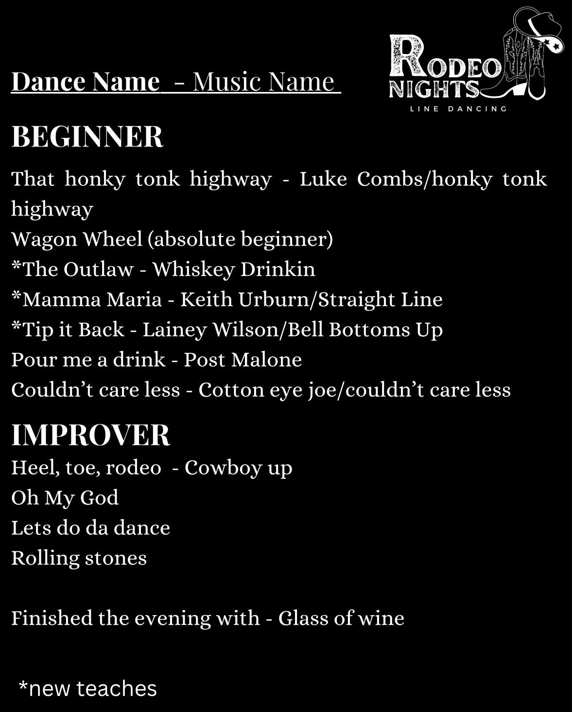 Schedule for a line dancing event titled 'Rodeo Nights'. The first part lists beginner dance lessons with songs like 'That Honky Tonk Highway', 'Wagon Wheel', and 'Mamma Mia'. The second part lists improver level dances with songs like 'Heel Toe Rodeo', 'Oh My God', and 'Rolling Stones'. The evening ends with a glass of wine. The schedule includes a logo of a cowboy hat, boots, and a star.