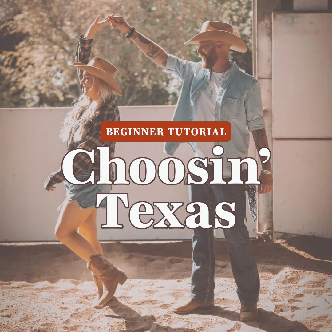 A man and woman dancing together outdoors in cowboy hats, with the woman twirling and the man holding her hand, both smiling. The background features trees and a fence, with warm sunlight.