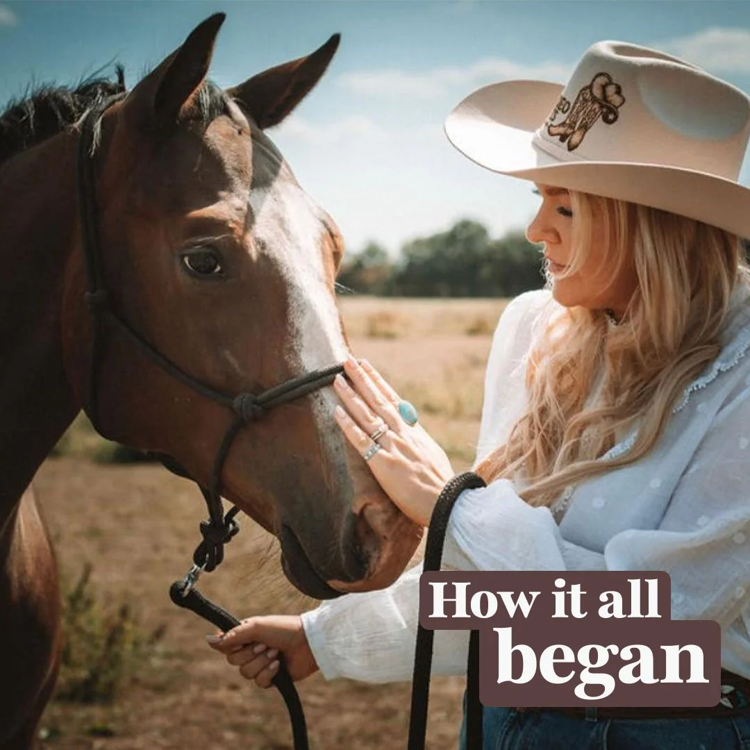 A woman wearing a wide-brimmed hat touching a brown and white horse's face in a field. The woman has long blonde hair and is wearing a white blouse with lace details. Text overlay says, 'How it all began.'