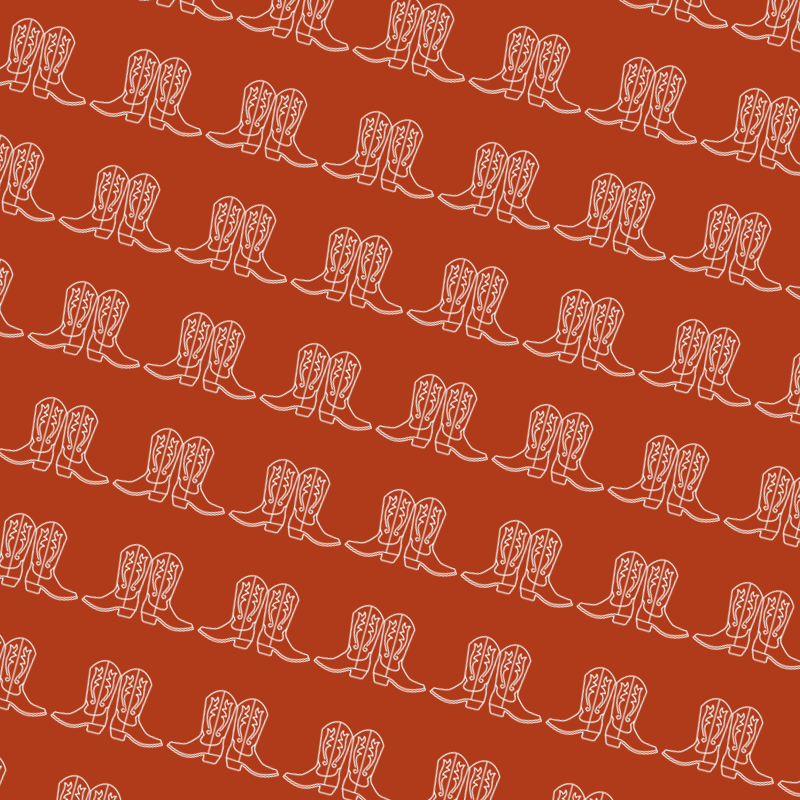 A repeating brand pattern of white line-art cowboy boot illustrations set against a vibrant burnt orange background.