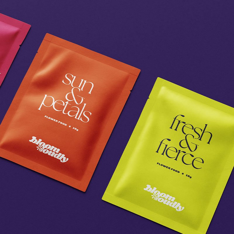 Packaging design concept created as part of the Bloom Loudly creative exploration, featuring expressive typography and vibrant colours.
