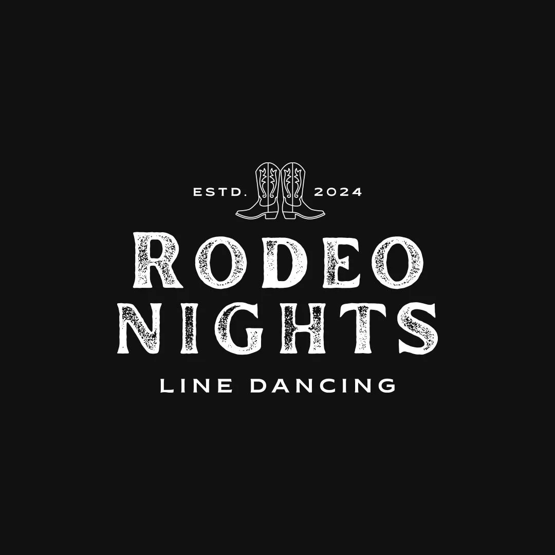 Black background with white text and cowboy boot illustration announcing 'Rodeo Nights Line Dancing,' established 2024.