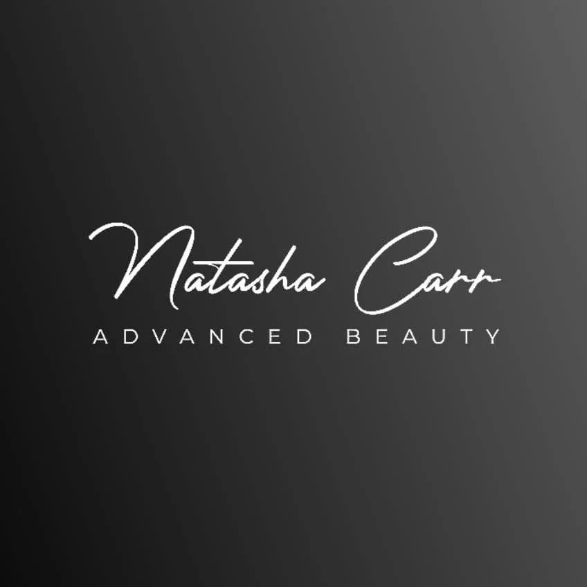 Black and gray promotional image with white script text reading 'Natasha Carr' and smaller capitalized text 'Advanced Beauty'.