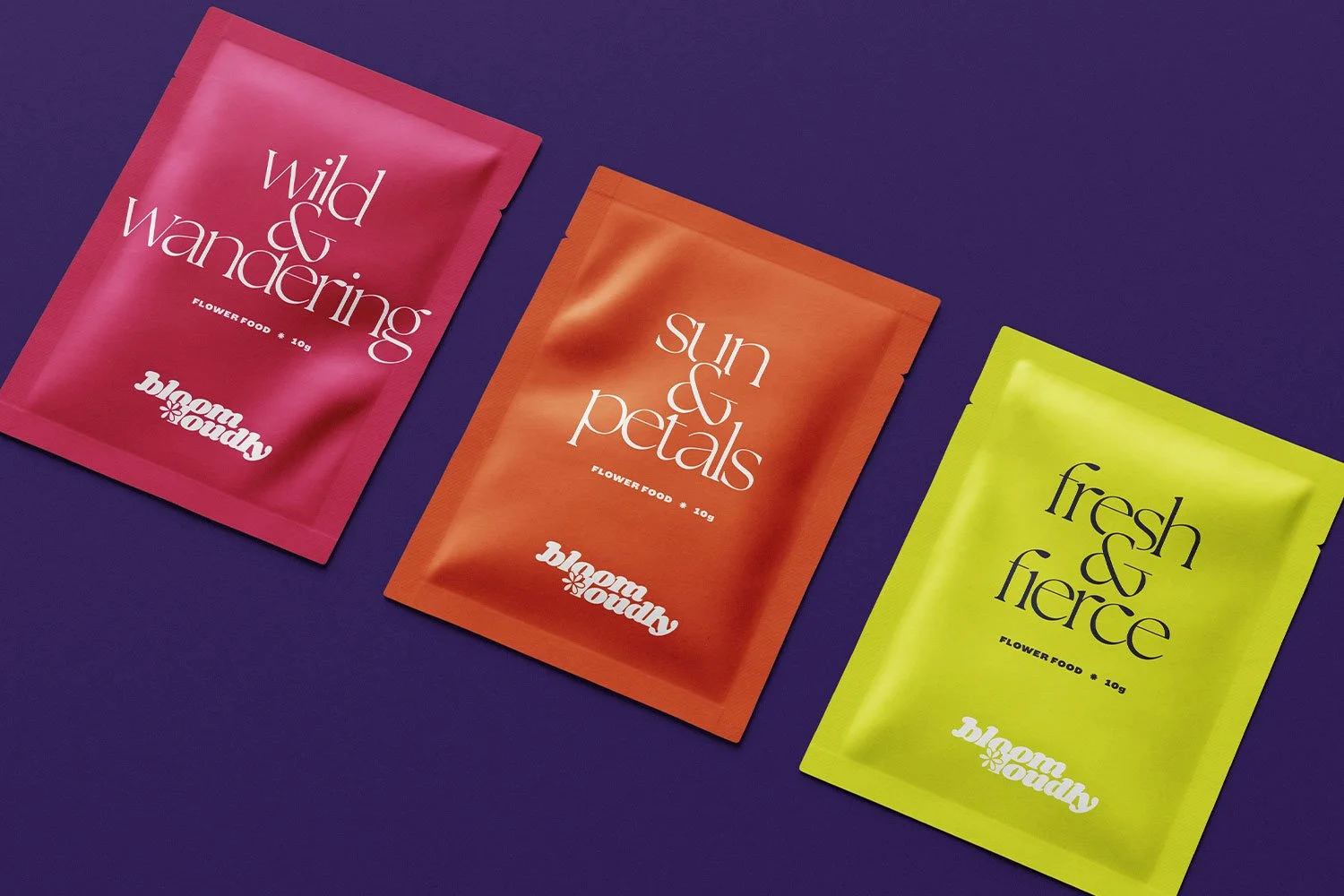 Packaging design concept created as part of the Bloom Loudly creative exploration, featuring expressive typography and vibrant colours.