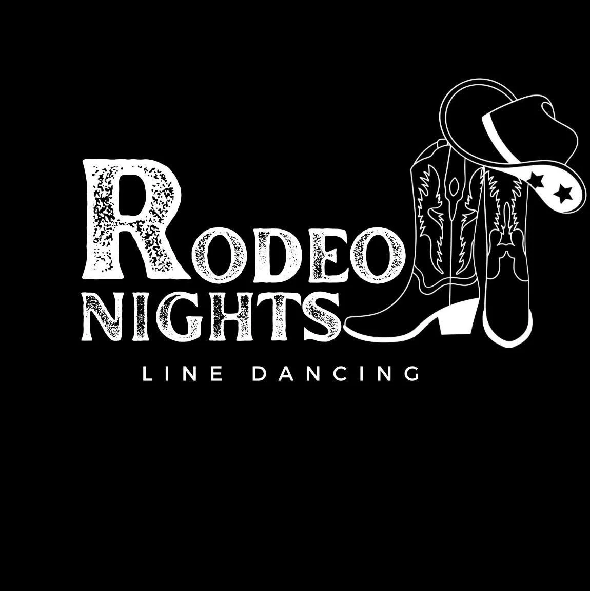 Black background with white outline of a cowboy hat, cowboy boot, and lasso, along with the text 'Rodeo Nights Line Dancing' in a Western-style font.