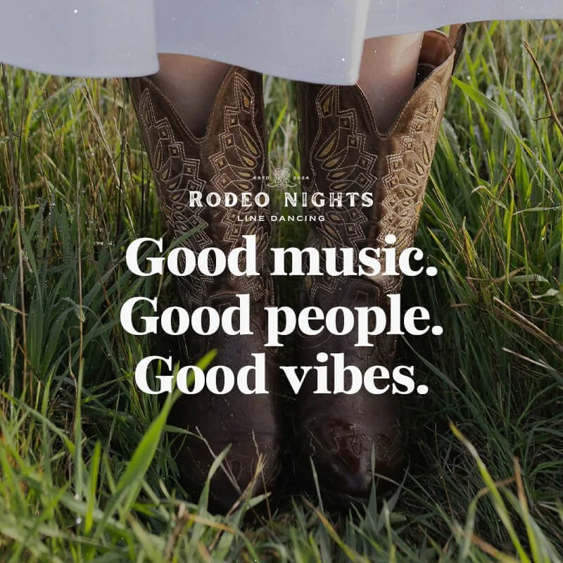 A lifestyle brand image featuring a person in brown leather cowboy boots standing in a field, overlaid with the text 'Good music. Good people. Good vibes.'.