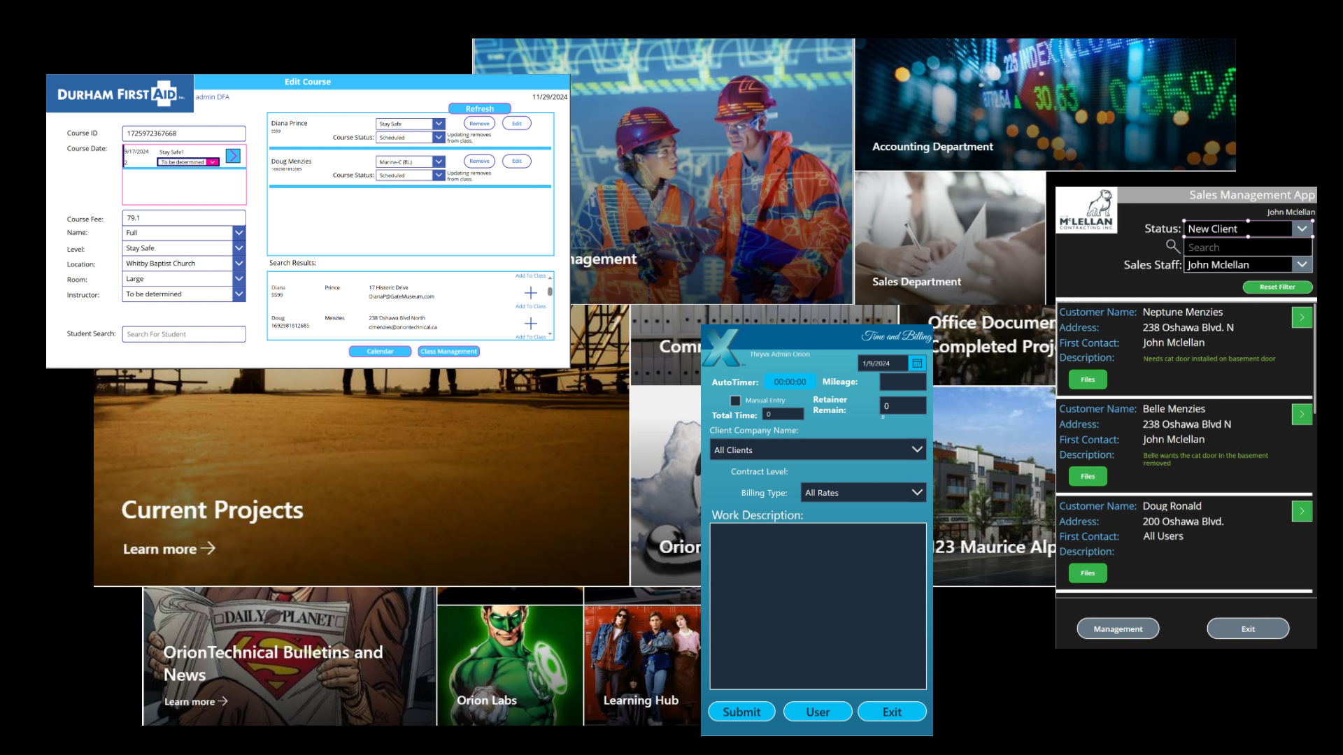 A collage of multiple digital interface screenshots, including course management, project tracking, client information, and news dashboards, with various colors, buttons, and data fields, some overlaying a sunset scene with people standing on a beach.