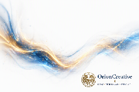 Abstract digital art with swirling blue, gold, and white streaks and sparkles, featuring the OrionCreative logo in the bottom right corner.