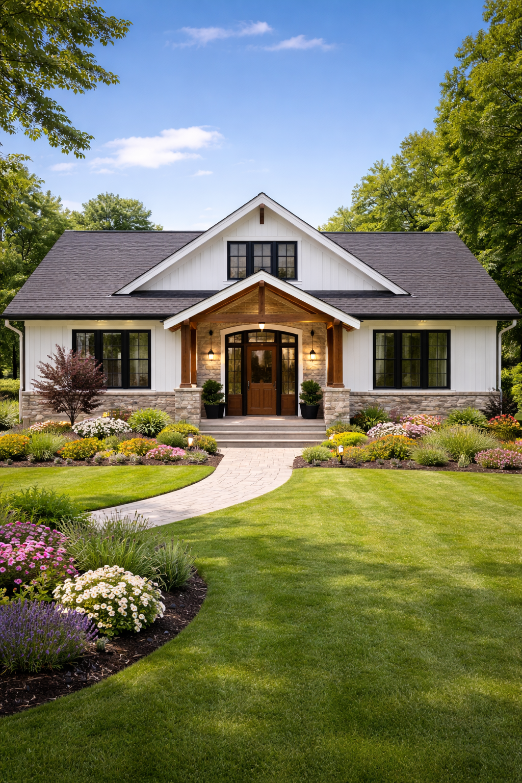 A modern white house with black window frames and a dark gray roof, surrounded by a lush green lawn and colorful flower beds, with a paved pathway leading to the front door, set in a wooded area under a blue sky.