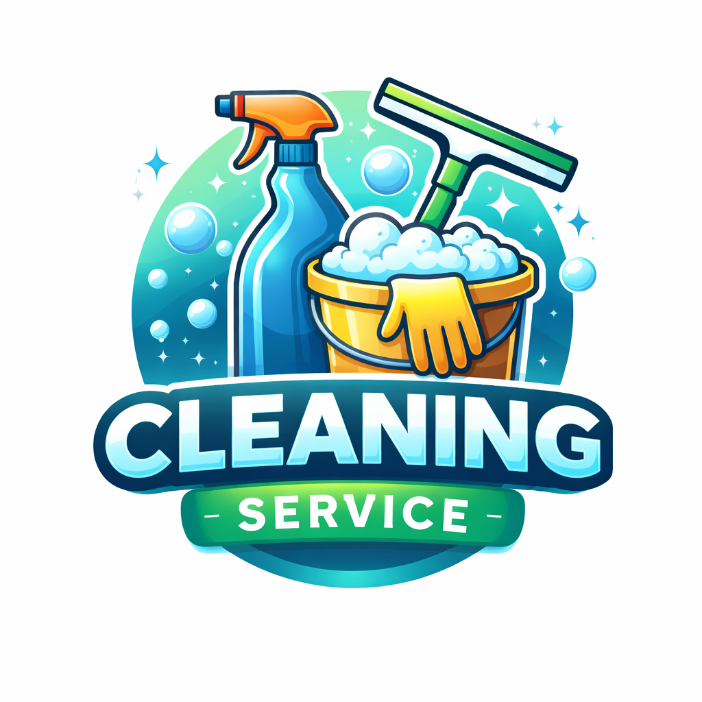 A logo for a cleaning service featuring a spray bottle, cleaning bucket with foam and gloves, and a squeegee with stars and bubbles, with the words 'Cleaning Service' in bold letters.