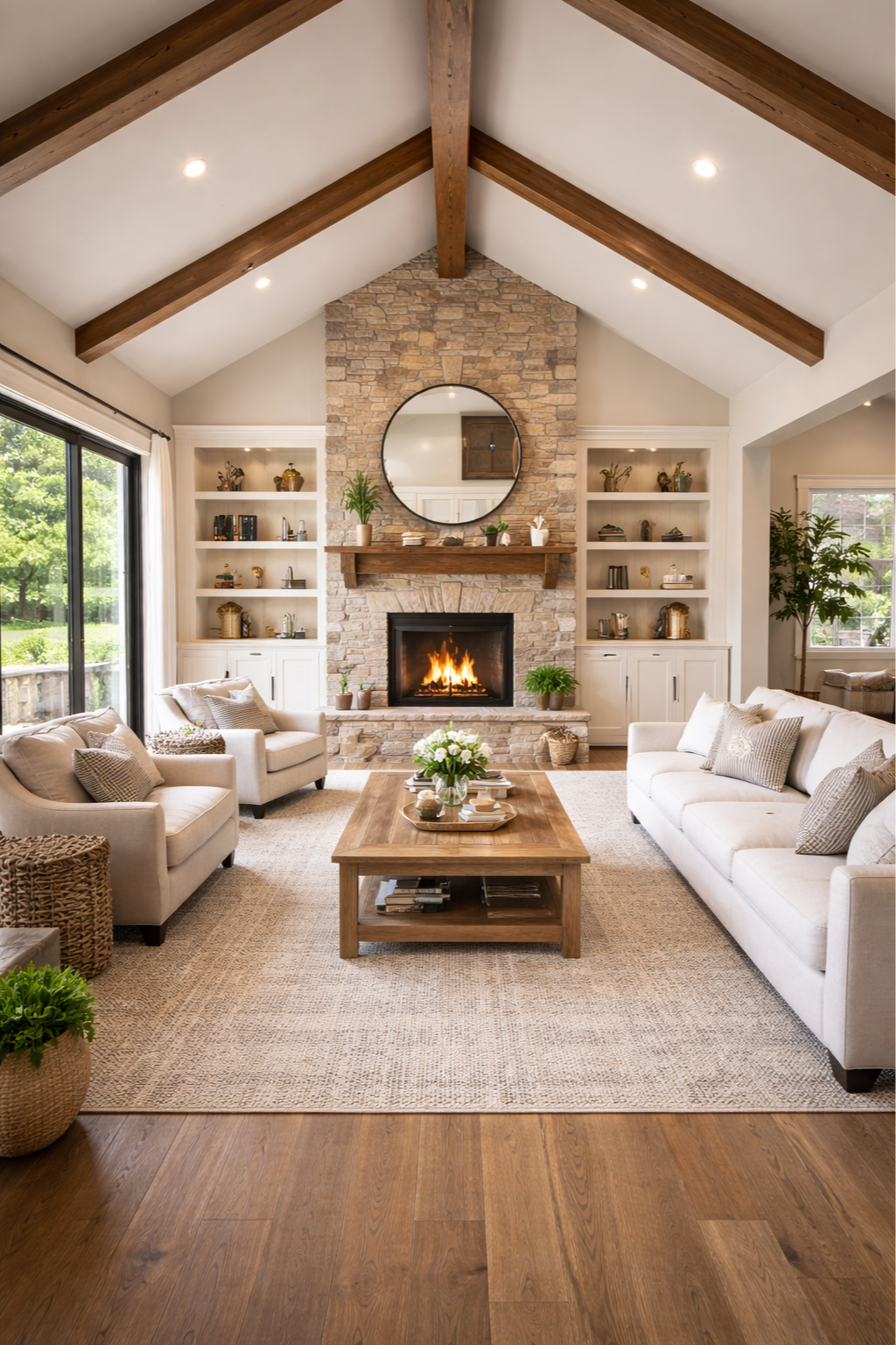 Living room with a stone fireplace, wooden beams on the ceiling, white sofas, a wooden coffee table, and built-in white shelves.