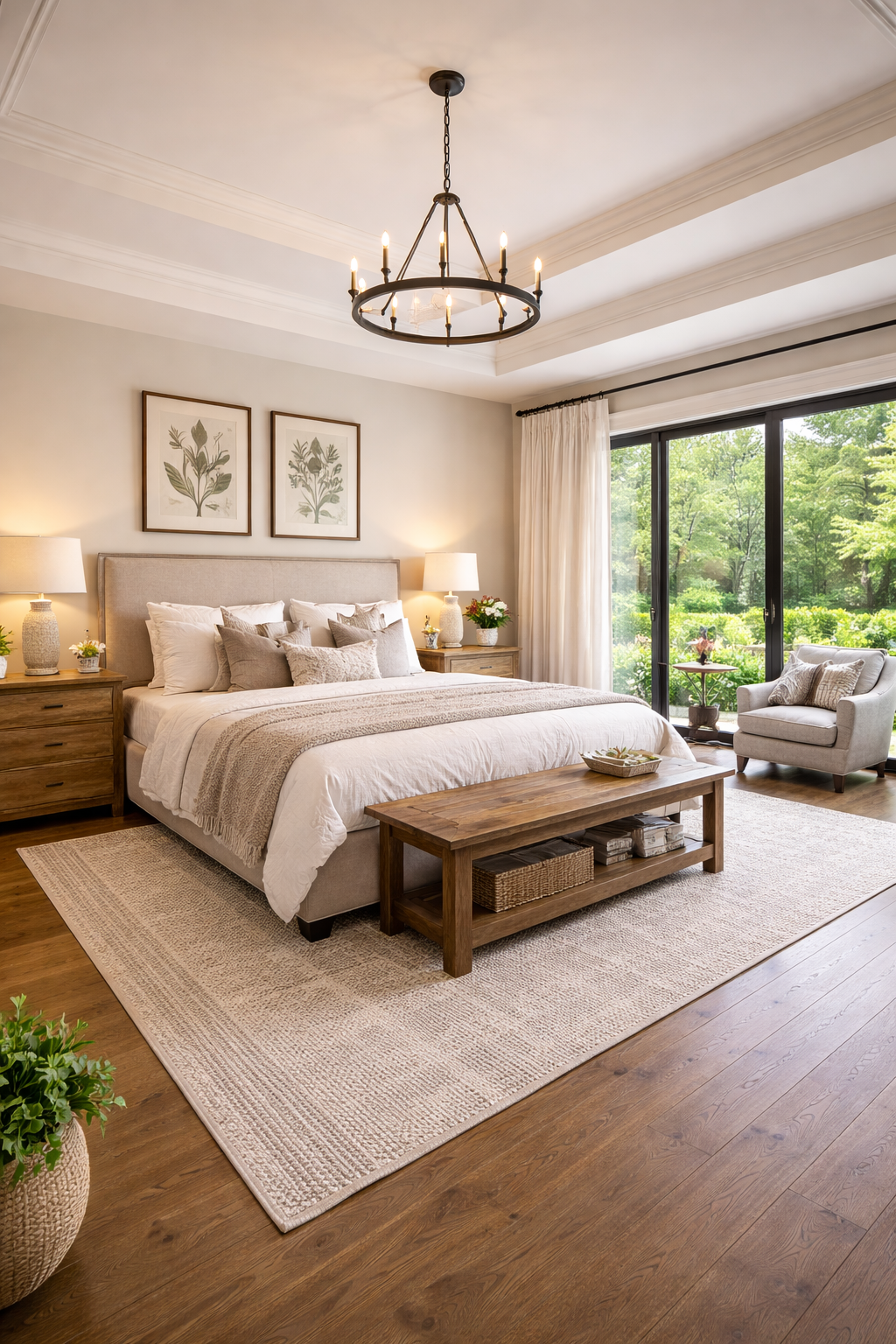A spacious bedroom with a large bed, wooden nightstands with lamps, a wooden bench at the foot of the bed, a beige armchair near sliding glass doors, and a view of lush green trees outside.
