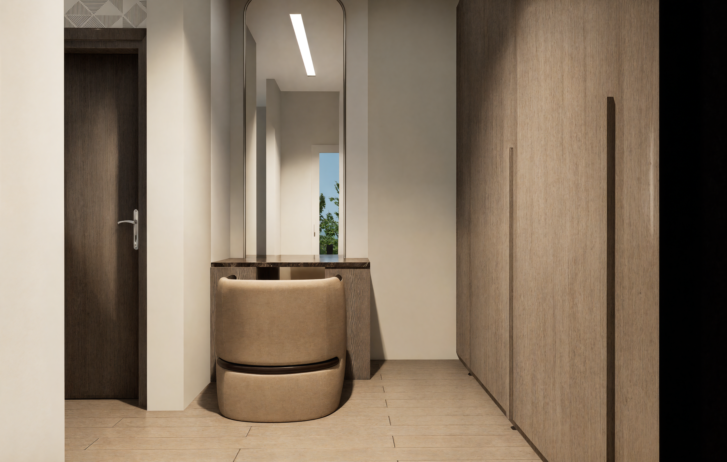 Modern interior with a beige chair, a mirror, and wooden cabinetry.