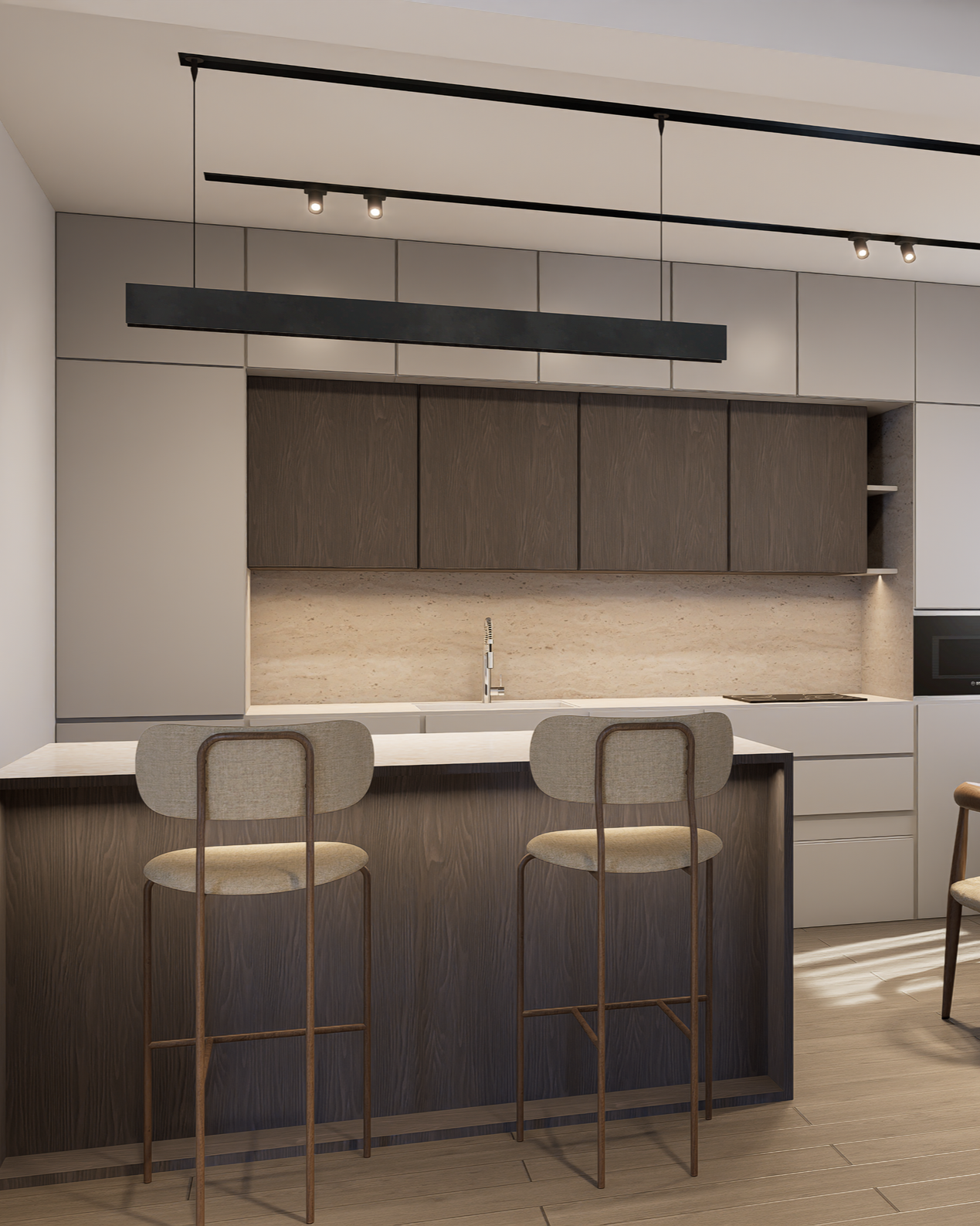 Modern kitchen with a breakfast bar, two beige barstools, dark wood cabinets, beige marble backsplash, and minimal lighting.