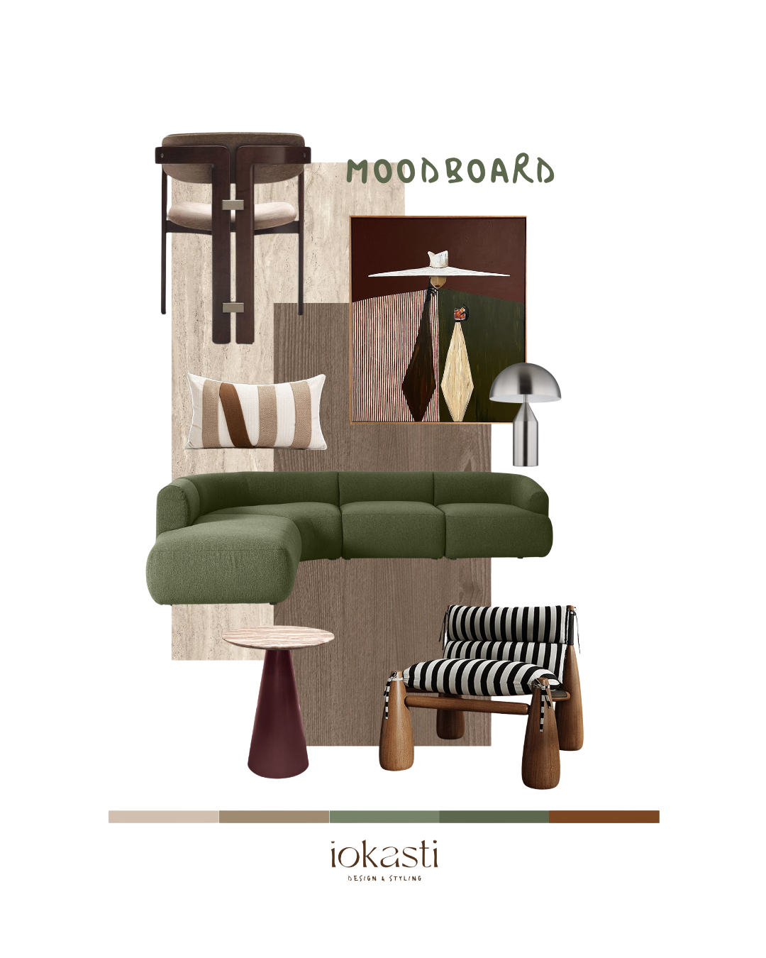 Living room with green sectional sofa, striped armchair, abstract artwork, table, and wall decor labeled 'Moodboard'.