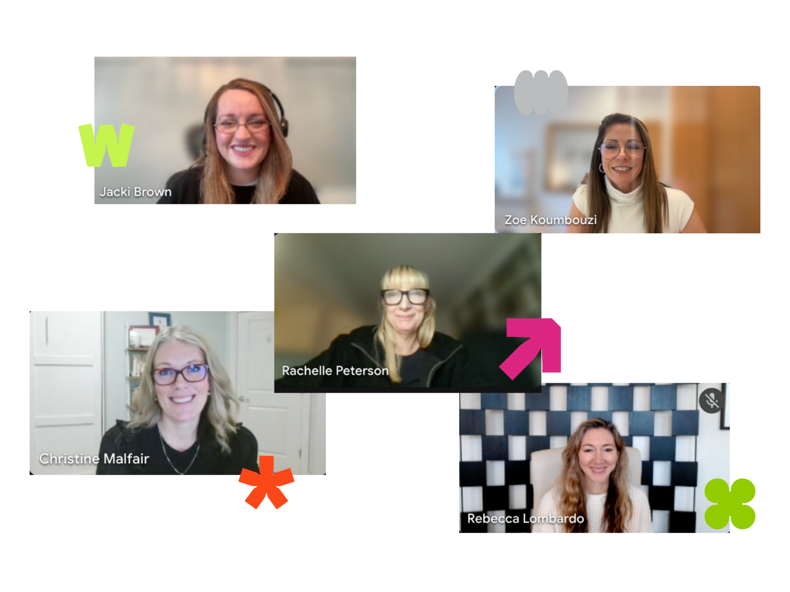 Screenshot of a virtual meeting with five women, each in their own video window. The women are smiling and appear engaged. Backgrounds vary from plain to decorated, some with bookshelves or patterned walls. Names displayed include Jacki Brown, Zoe Koumbouzi, Rachelle Peterson, Christine Malfair, and Rebecca Lombardo. There are colorful graphic elements and icons around the video windows.