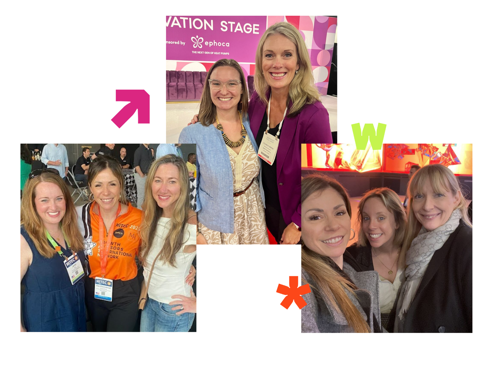 Collage of four group photos of women at conferences or events, smiling and posing for the camera.
