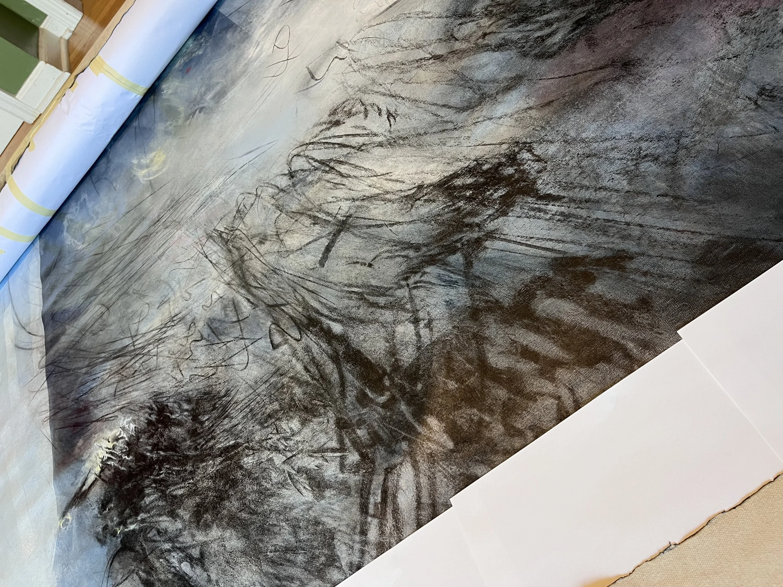 Large-scale abstract drawing from Network V composed of layered charcoal, indigo, graphite, and gold, forming dense, intersecting lines that evoke routes, networks, and systems of circulation.