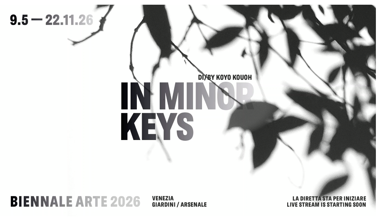 Event poster for In Minor Keys at the Venice Biennale Arte 2026, featuring black silhouette leaves against a white background, with event details and dates from September 5 to November 22, 2026.