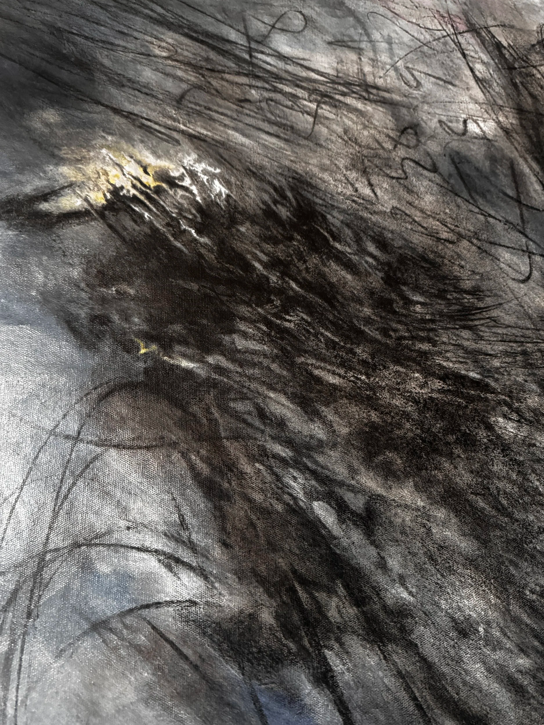 Close-up of a black and gray textured canvas with abstract sketches, smudges, acrylic marks, and expressive scribbles.