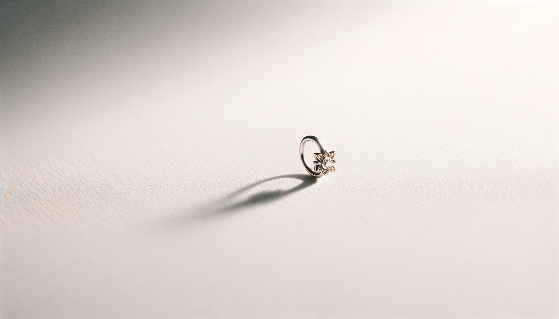 A single silver ring with a small flower-shaped setting and a central diamond, casting a shadow on a white textured surface.
