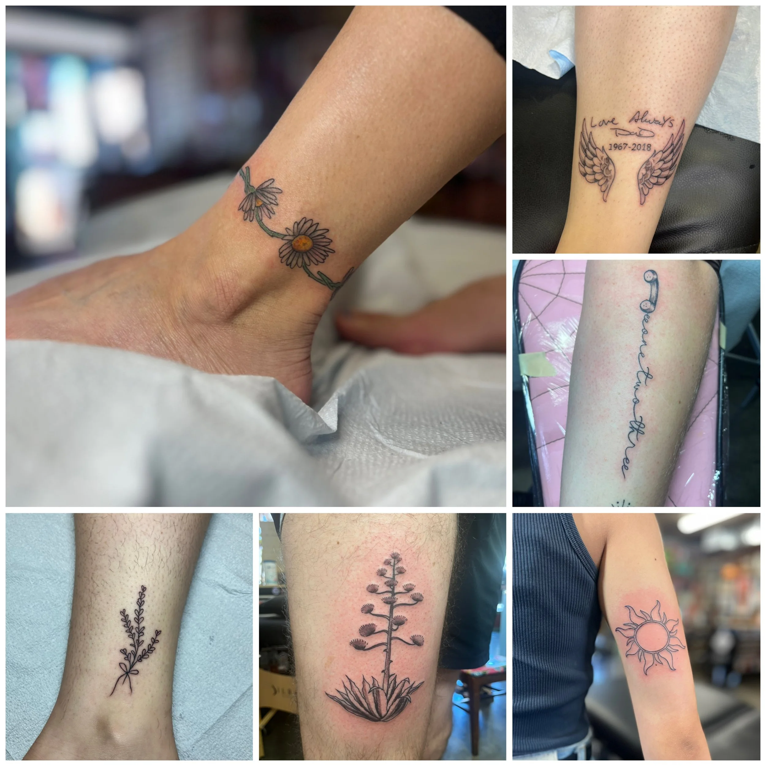Collage of six tattoos on different parts of people's bodies, including flowers, a pair of angel wings with dates, cursive text, a sun, a sprig of lavender, and a stylized plant.